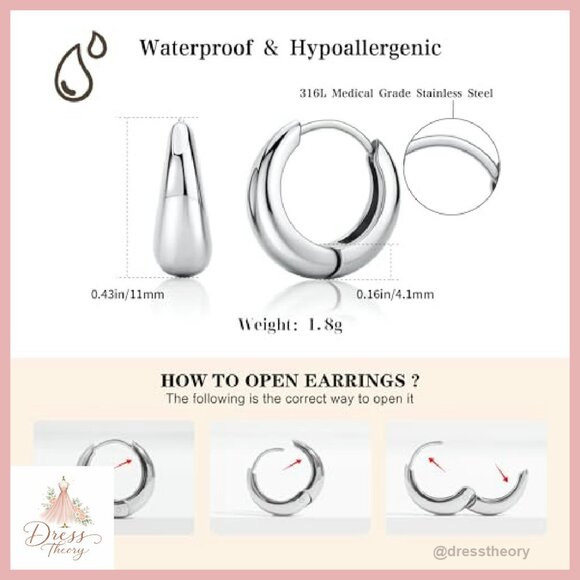 Stainless Steel Huggie Hoop Earrings Non Tarnish Hypoallergenic Daily Wear - Picture 6 of 8